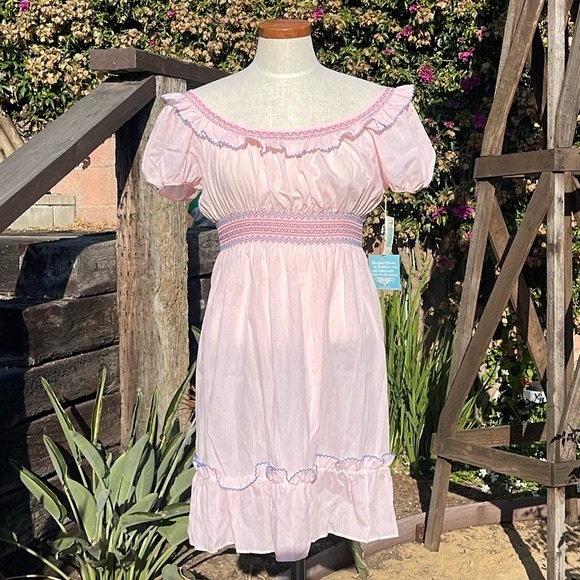 70's Pale Pink Smocked and Embroidered Nightgown by Barbizon
